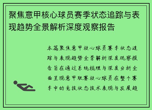 聚焦意甲核心球员赛季状态追踪与表现趋势全景解析深度观察报告